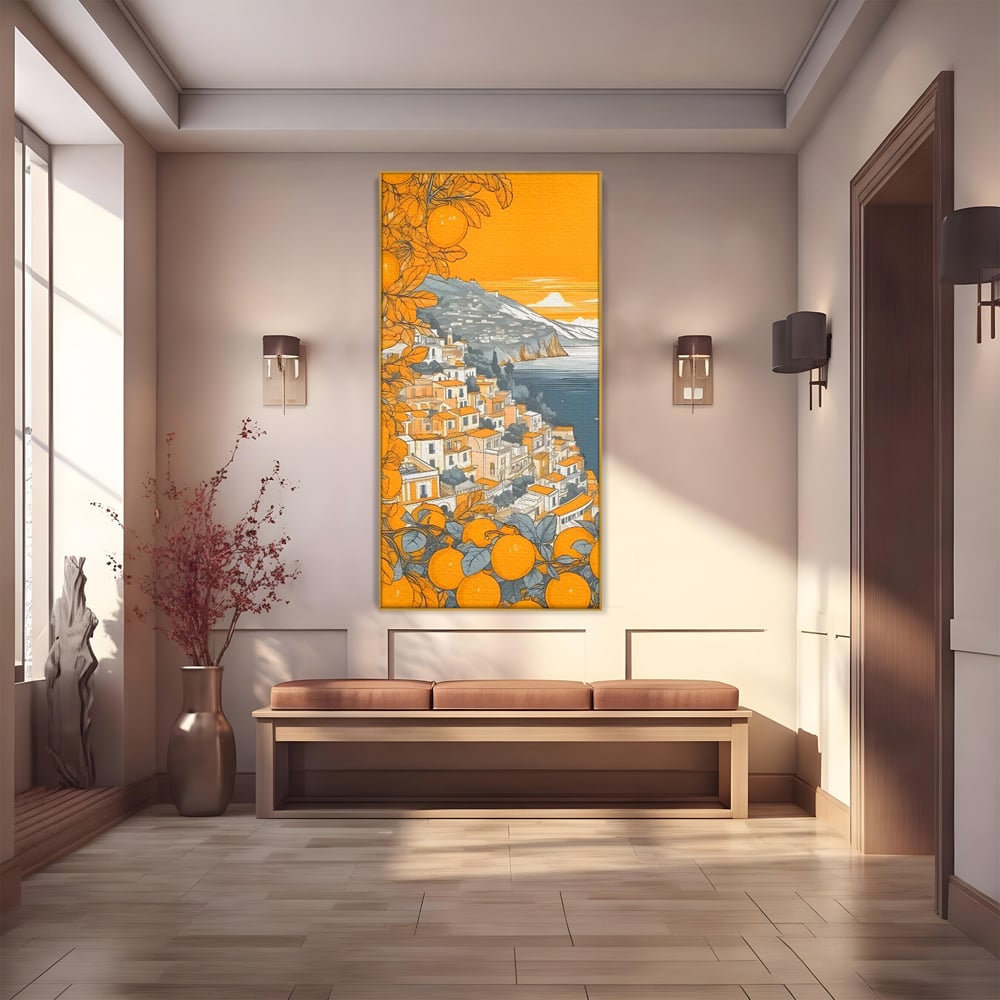 Tablou canvas cu ilustratie cu oras pe malul marii, in rama de aluminiu auriu